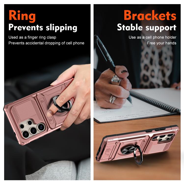 For Samsung Galaxy S25 Ultra 5G TPU Hybrid PC Shockproof Card Phone Case with Metal Ring Holder