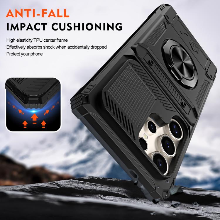 For Samsung Galaxy S25 Ultra 5G TPU Hybrid PC Shockproof Card Phone Case with Metal Ring Holder