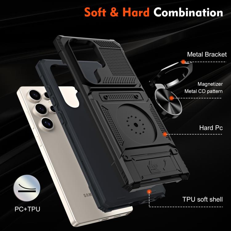 For Samsung Galaxy S25 Ultra 5G TPU Hybrid PC Shockproof Card Phone Case with Metal Ring Holder