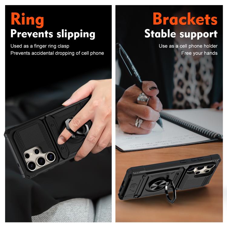 For Samsung Galaxy S25 Ultra 5G TPU Hybrid PC Shockproof Card Phone Case with Metal Ring Holder