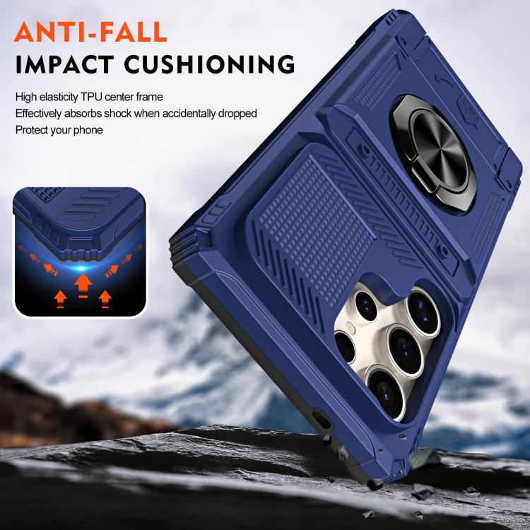 For Samsung Galaxy S25 Ultra 5G TPU Hybrid PC Shockproof Card Phone Case with Metal Ring Holder