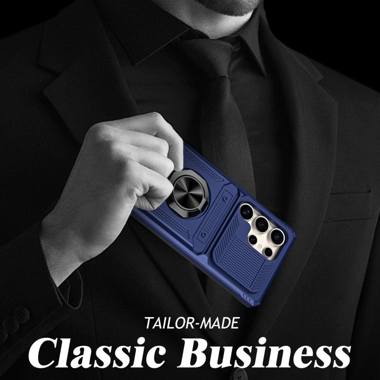 For Samsung Galaxy S25 Ultra 5G TPU Hybrid PC Shockproof Card Phone Case with Metal Ring Holder