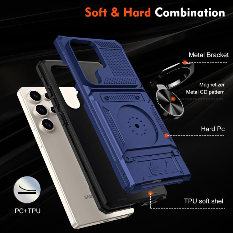 For Samsung Galaxy S25 Ultra 5G TPU Hybrid PC Shockproof Card Phone Case with Metal Ring Holder