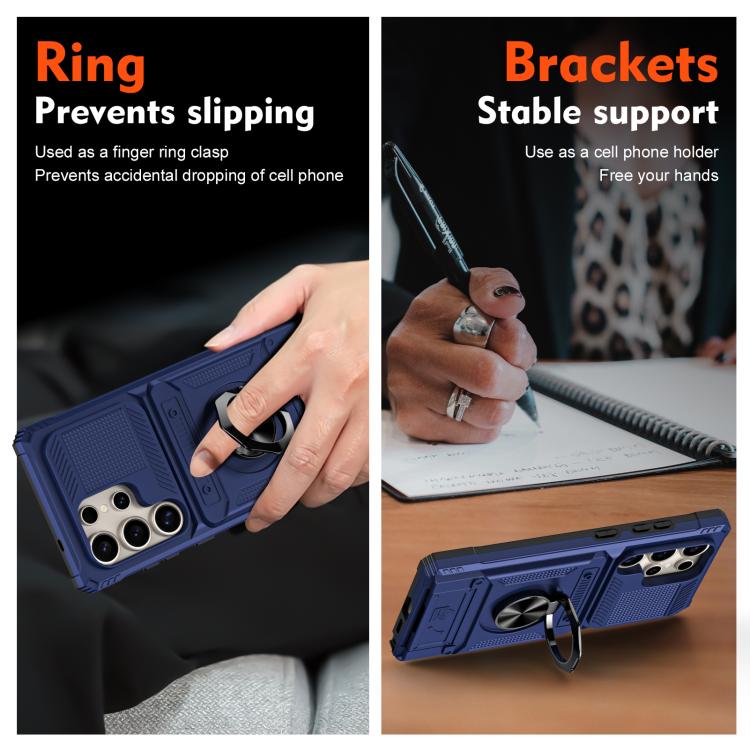For Samsung Galaxy S25 Ultra 5G TPU Hybrid PC Shockproof Card Phone Case with Metal Ring Holder