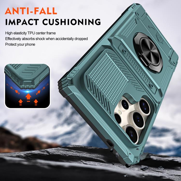 For Samsung Galaxy S25 Ultra 5G TPU Hybrid PC Shockproof Card Phone Case with Metal Ring Holder
