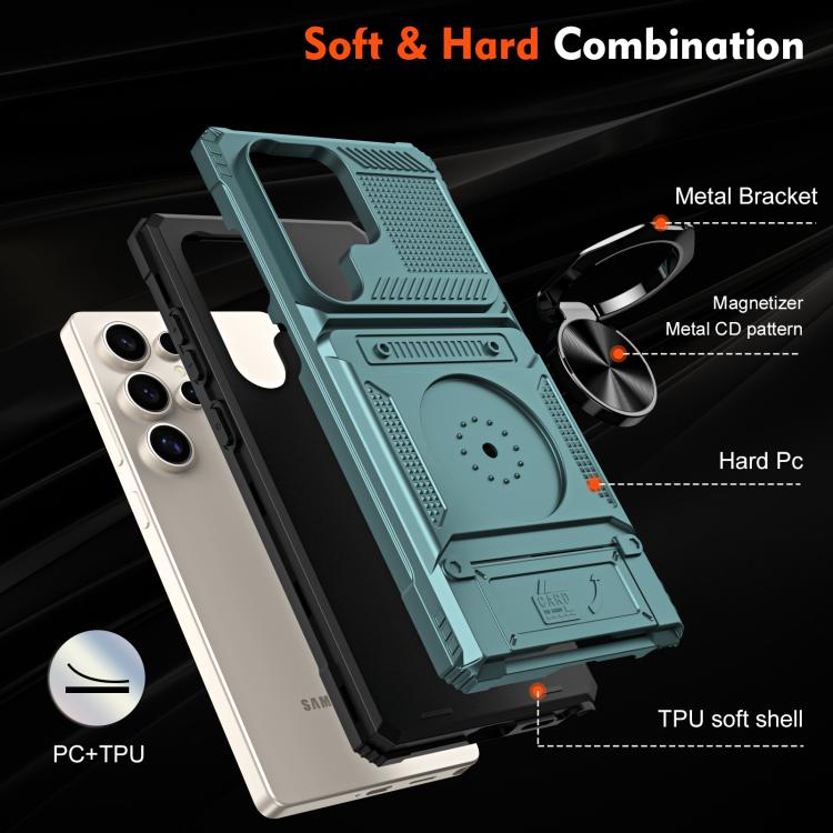 For Samsung Galaxy S25 Ultra 5G TPU Hybrid PC Shockproof Card Phone Case with Metal Ring Holder