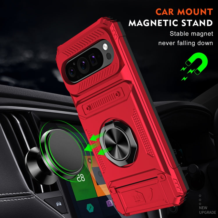 For Google Pixel 9 Pro XL TPU Hybrid PC Shockproof Card Phone Case with Metal Ring Holder