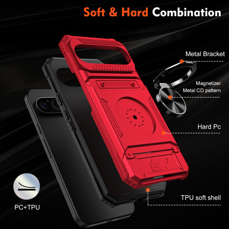 For Google Pixel 9 Pro XL TPU Hybrid PC Shockproof Card Phone Case with Metal Ring Holder