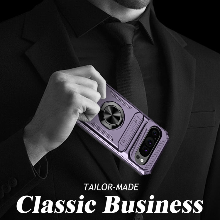 For Google Pixel 9 Pro XL TPU Hybrid PC Shockproof Card Phone Case with Metal Ring Holder