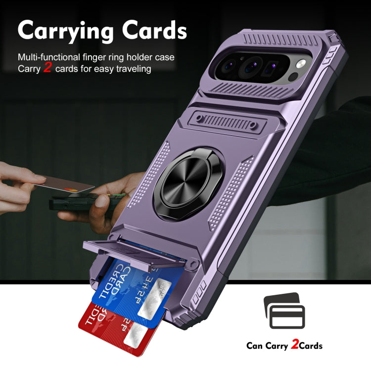 For Google Pixel 9 Pro XL TPU Hybrid PC Shockproof Card Phone Case with Metal Ring Holder