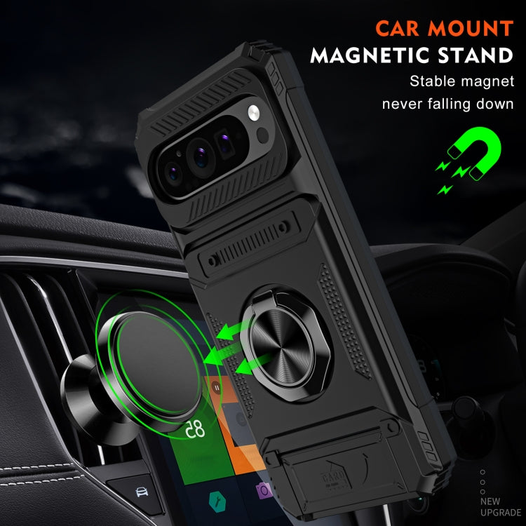 For Google Pixel 9 Pro XL TPU Hybrid PC Shockproof Card Phone Case with Metal Ring Holder