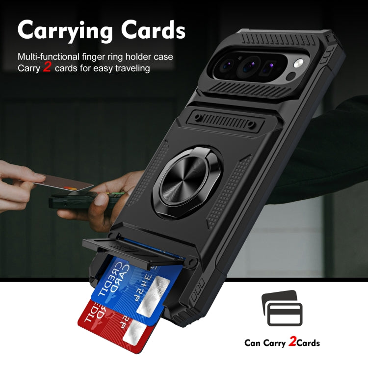 For Google Pixel 9 Pro XL TPU Hybrid PC Shockproof Card Phone Case with Metal Ring Holder