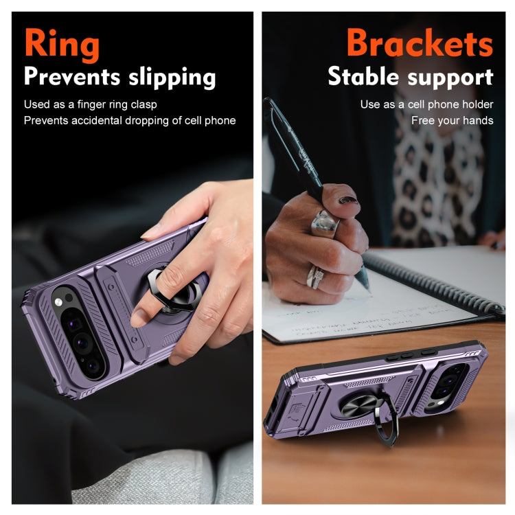 For Google Pixel 9 / 9 Pro TPU Hybrid PC Shockproof Card Phone Case with Metal Ring Holder
