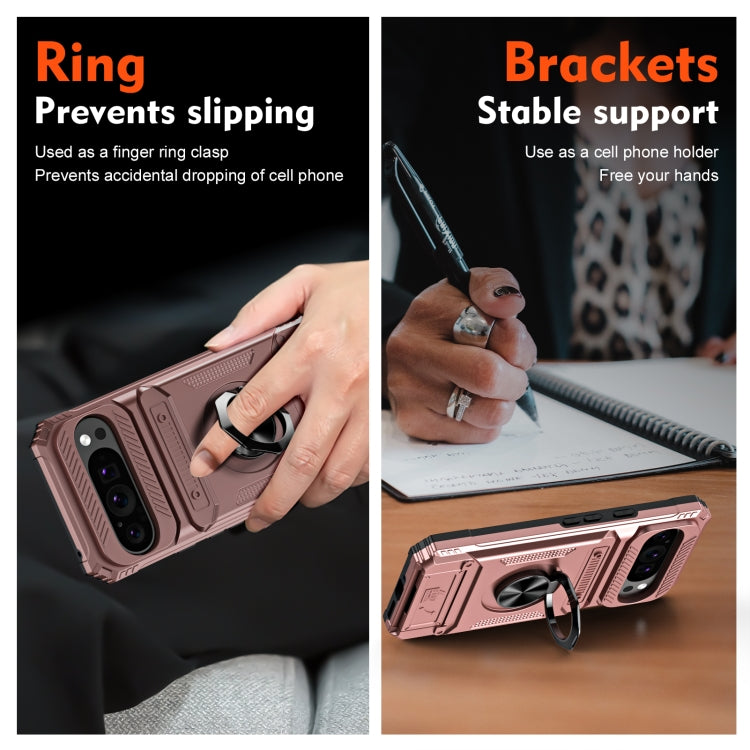 For Google Pixel 9 / 9 Pro TPU Hybrid PC Shockproof Card Phone Case with Metal Ring Holder