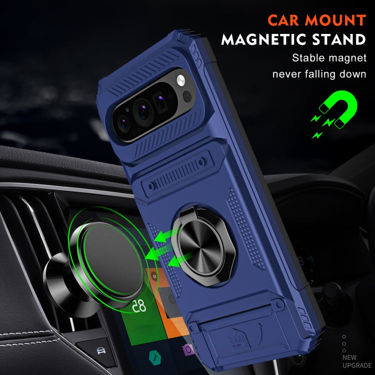 For Google Pixel 9 / 9 Pro TPU Hybrid PC Shockproof Card Phone Case with Metal Ring Holder