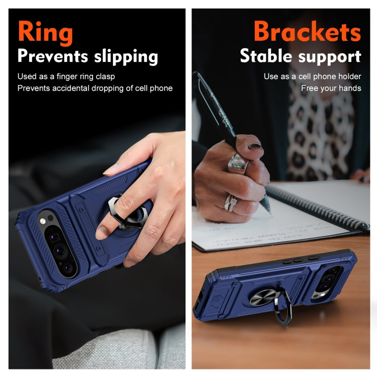 For Google Pixel 9 / 9 Pro TPU Hybrid PC Shockproof Card Phone Case with Metal Ring Holder