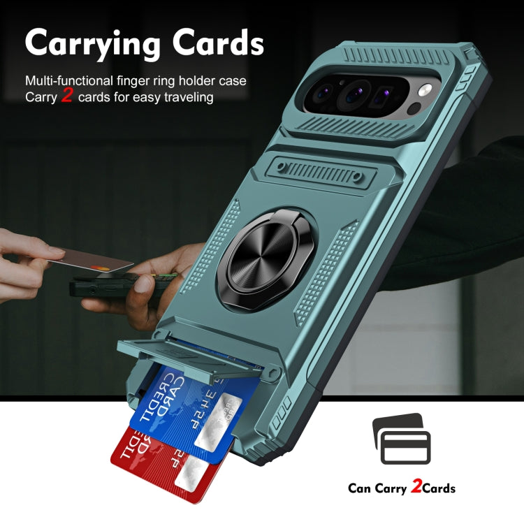For Google Pixel 9 / 9 Pro TPU Hybrid PC Shockproof Card Phone Case with Metal Ring Holder