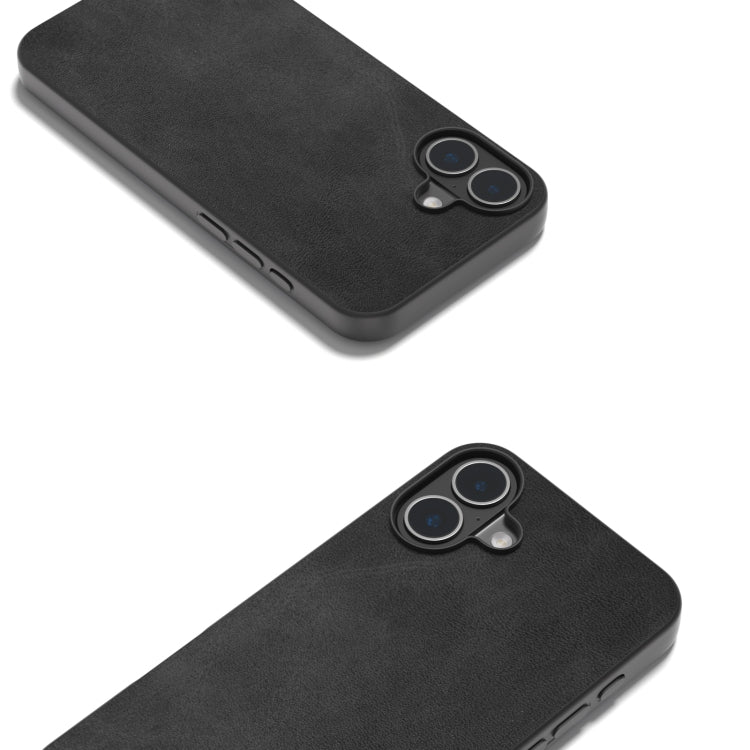 For iPhone 16 Plus Black Frame Two-color Calf Texture PU Phone Case