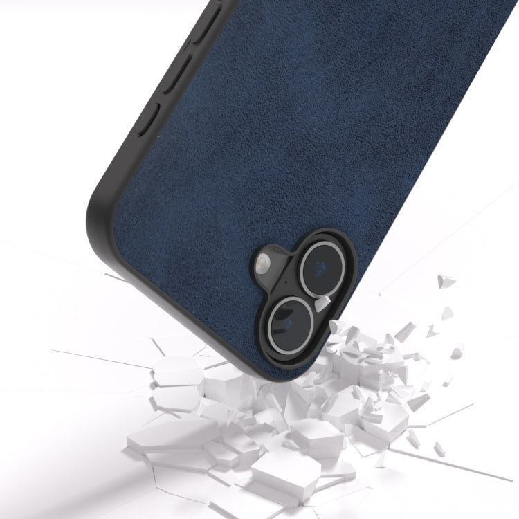 For iPhone 16 Plus Black Frame Two-color Calf Texture PU Phone Case