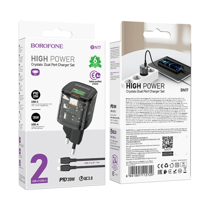 BOROFONE BN17 PD20W USB, Type-C Charger with 1m Type-C to 8 Pin Cable Set, Plug Type:EU Plug - Black