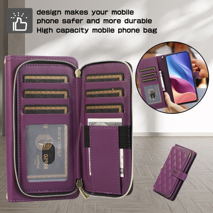 For Redmi K40 Rhombic Full Zipper Wallet Leather Phone Case