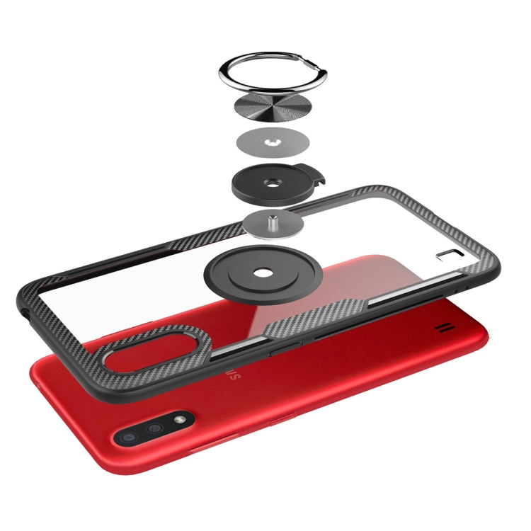 For Samsung Galaxy A01 Shockproof Transparent TPU + Acrylic Protective Case with Ring Holder