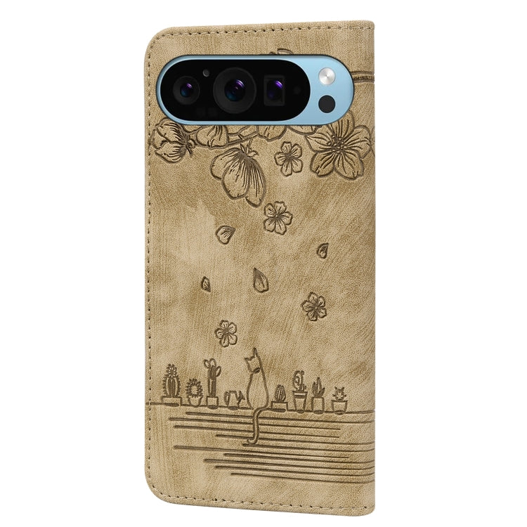 For Google Pixel 10 / 9 / 9 Pro Cartoon Sakura Cat Embossed Leather Phone Case