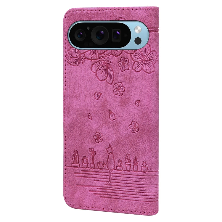 For Google Pixel 10 / 9 / 9 Pro Cartoon Sakura Cat Embossed Leather Phone Case
