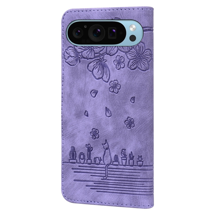 For Google Pixel 10 / 9 / 9 Pro Cartoon Sakura Cat Embossed Leather Phone Case