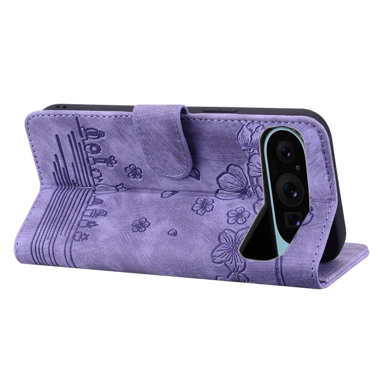 For Google Pixel 10 / 9 / 9 Pro Cartoon Sakura Cat Embossed Leather Phone Case