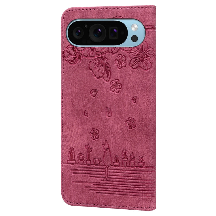 For Google Pixel 10 / 9 / 9 Pro Cartoon Sakura Cat Embossed Leather Phone Case