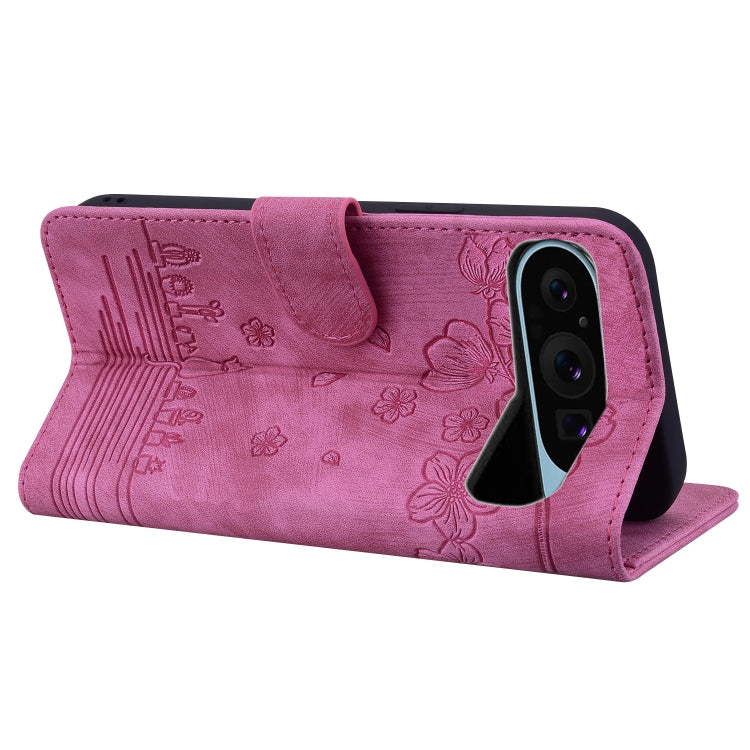 For Google Pixel 9 Pro XL / 10 Pro XL Cartoon Sakura Cat Embossed Leather Phone Case