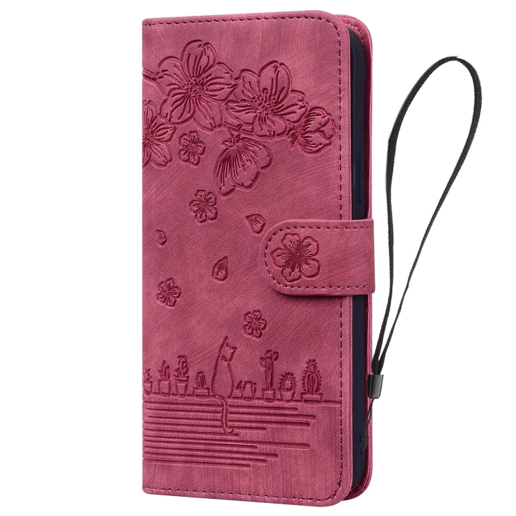 For Google Pixel 9 Pro XL / 10 Pro XL Cartoon Sakura Cat Embossed Leather Phone Case
