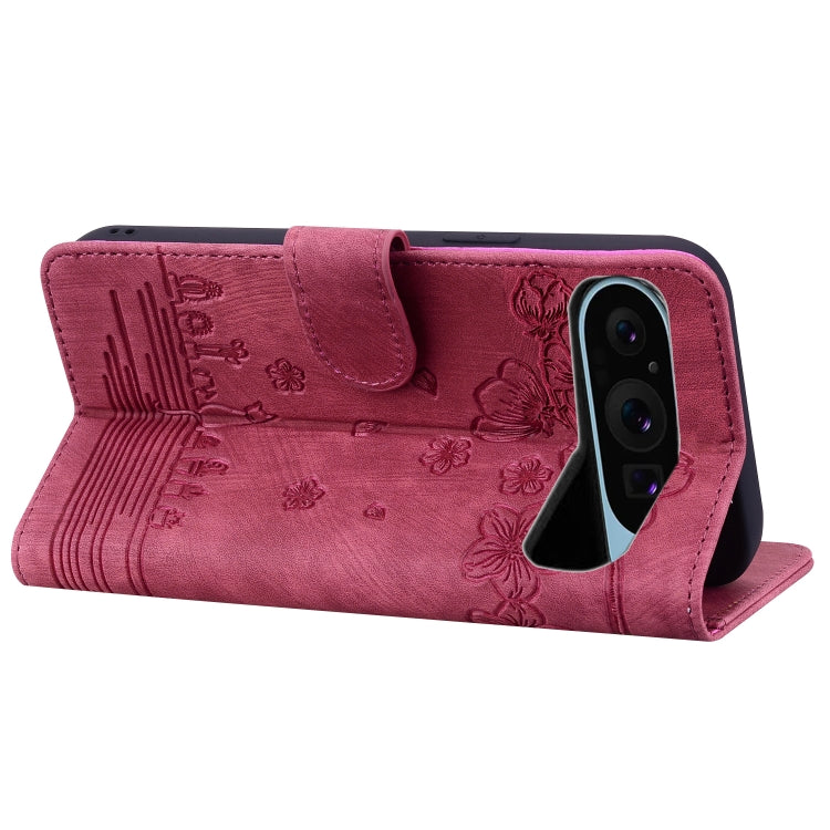 For Google Pixel 9 Pro XL / 10 Pro XL Cartoon Sakura Cat Embossed Leather Phone Case