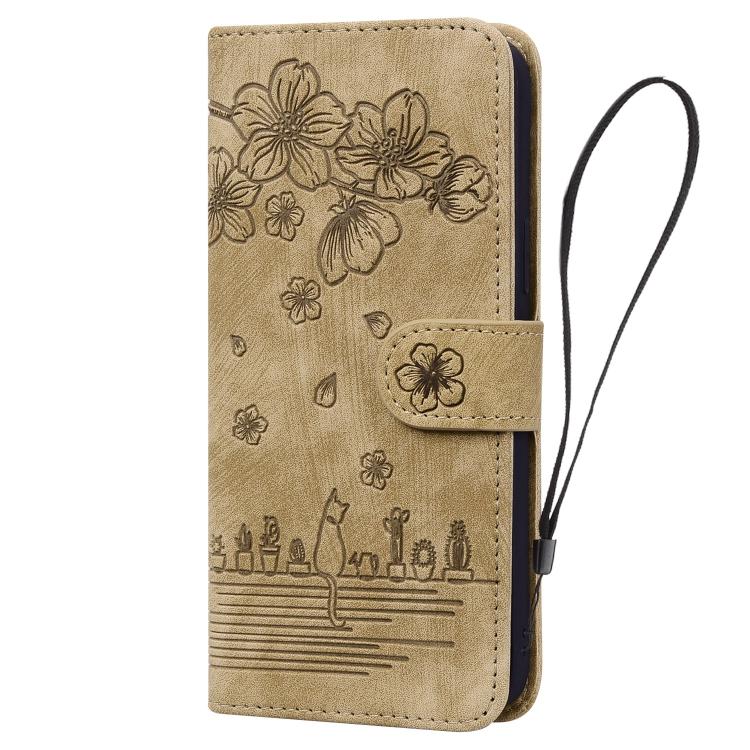 For Google Pixel 9a Cartoon Sakura Cat Embossed Leather Phone Case