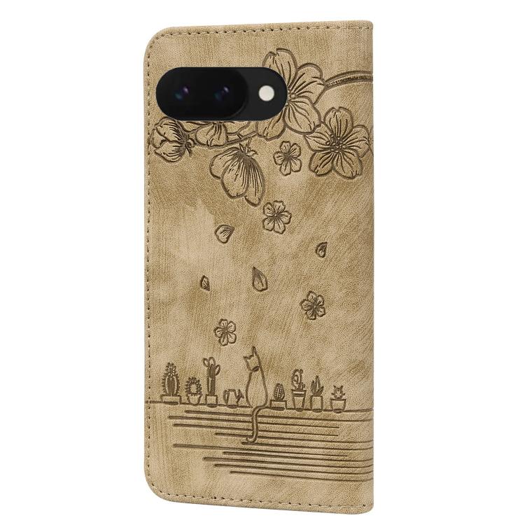 For Google Pixel 9a Cartoon Sakura Cat Embossed Leather Phone Case