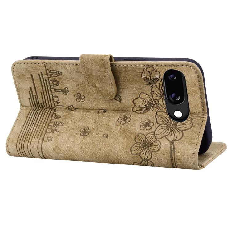 For Google Pixel 9a Cartoon Sakura Cat Embossed Leather Phone Case