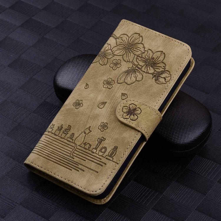 For Google Pixel 9a Cartoon Sakura Cat Embossed Leather Phone Case