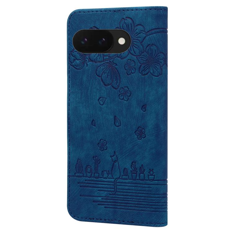 For Google Pixel 9a Cartoon Sakura Cat Embossed Leather Phone Case