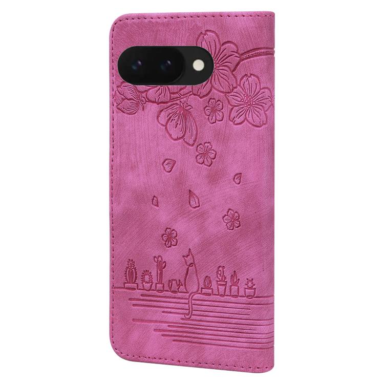 For Google Pixel 9a Cartoon Sakura Cat Embossed Leather Phone Case