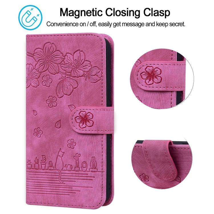 For Google Pixel 9a Cartoon Sakura Cat Embossed Leather Phone Case