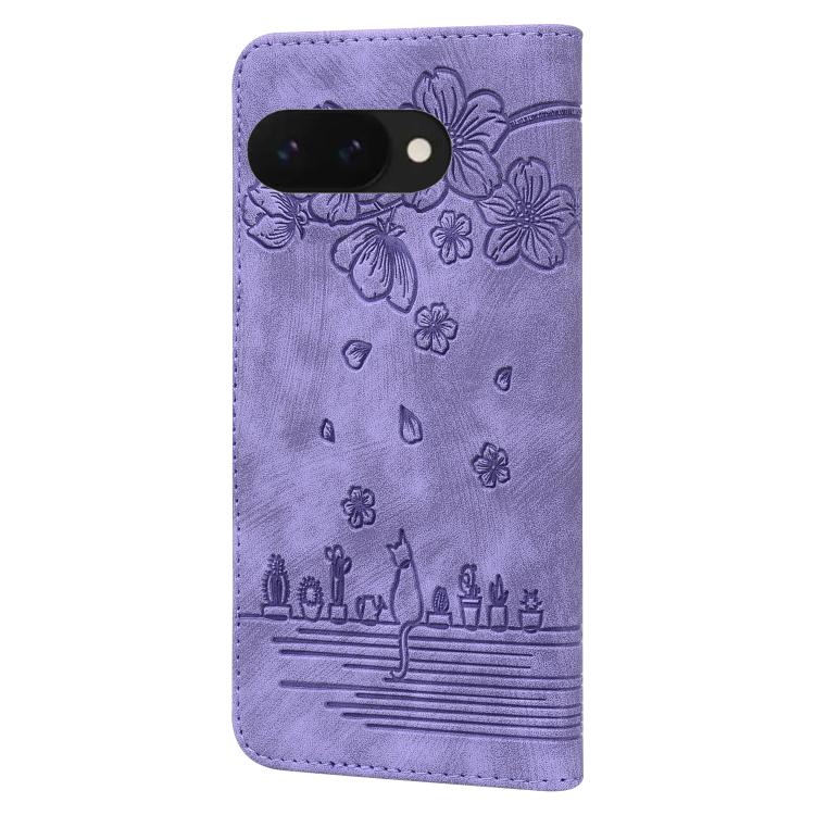 For Google Pixel 9a Cartoon Sakura Cat Embossed Leather Phone Case
