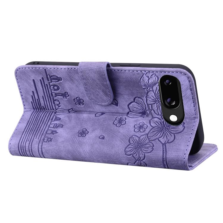 For Google Pixel 9a Cartoon Sakura Cat Embossed Leather Phone Case