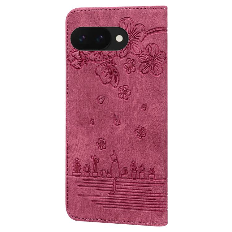 For Google Pixel 9a Cartoon Sakura Cat Embossed Leather Phone Case