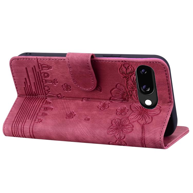 For Google Pixel 9a Cartoon Sakura Cat Embossed Leather Phone Case