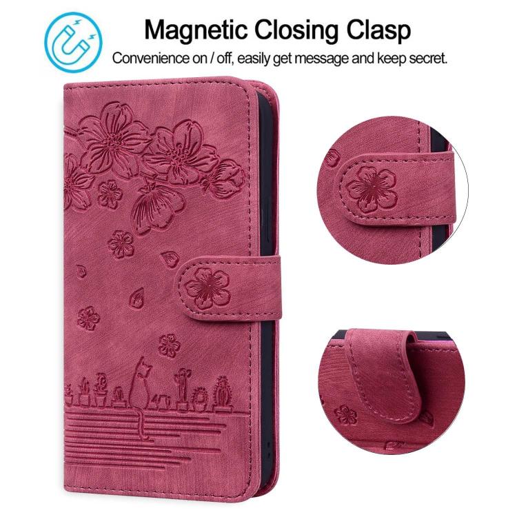 For Google Pixel 9a Cartoon Sakura Cat Embossed Leather Phone Case