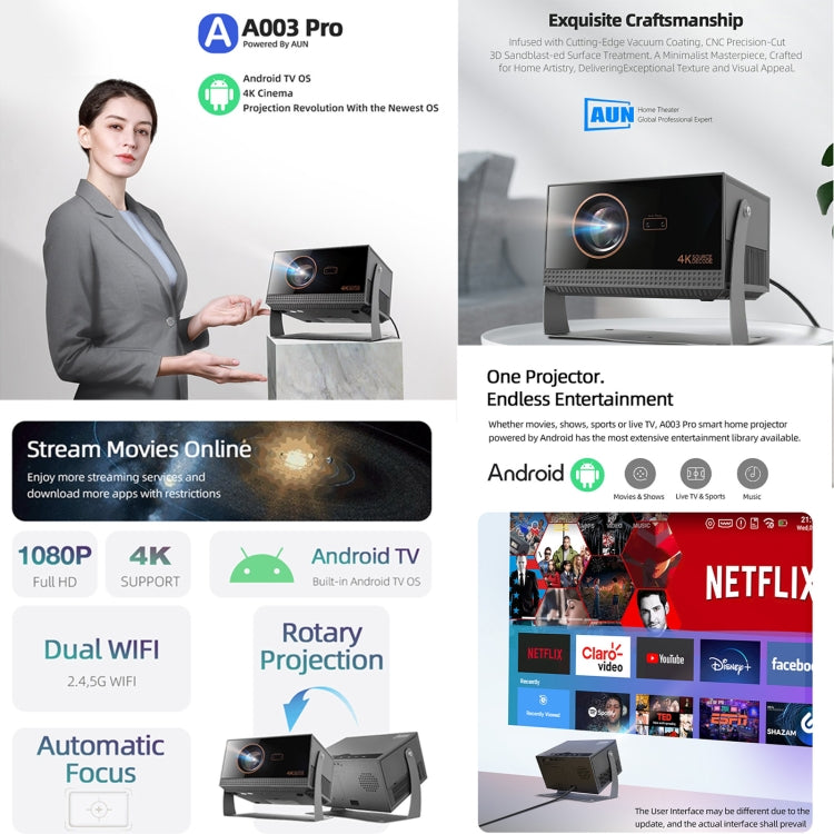 AUN A003 Pro 1920 x 1080P 350 Lumens Portable Home Theater LED HD Digital Projector, UK Plug - Grey