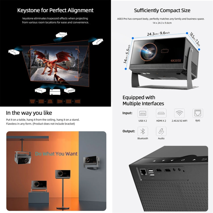 AUN A003 Pro 1920 x 1080P 350 Lumens Portable Home Theater LED HD Digital Projector, EU Plug - Grey