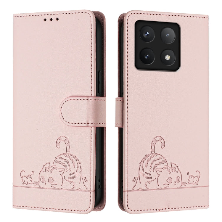 For Xiaomi 14T Cat Rat Embossed Pattern RFID Leather Phone Case with Lanyard