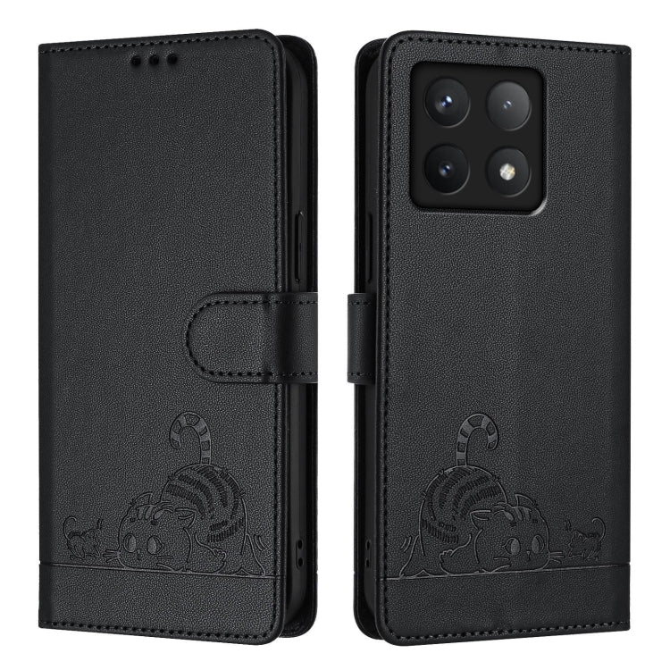 For Xiaomi 14T Cat Rat Embossed Pattern RFID Leather Phone Case with Lanyard